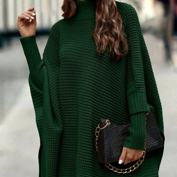 Dark Green Casual Women's Turtleneck Batwing Sleeve Poncho Sweater top - Picture 5 of 7